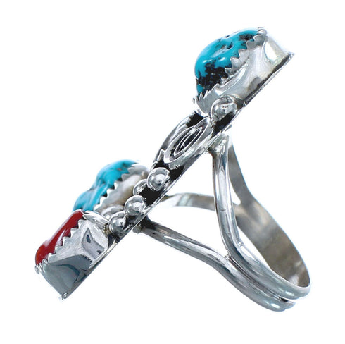 Native American Turquoise Coral Sterling Silver Ring Size 8-1/4 JX122126